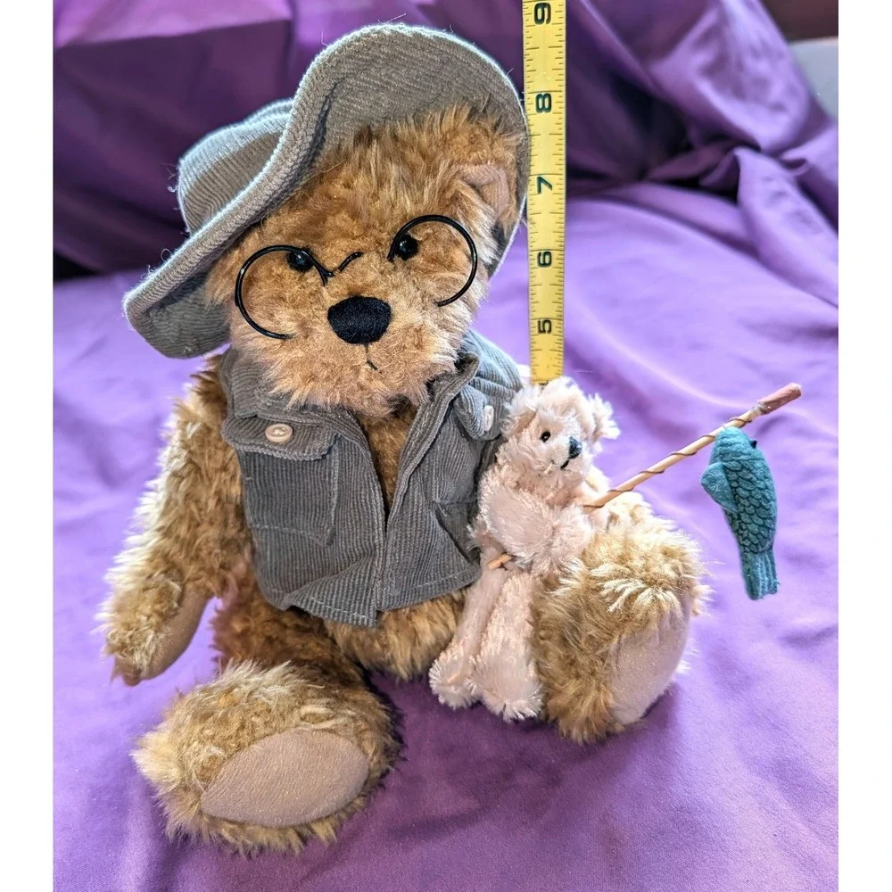 Plush Brown Grandpa Bear glasses fishing pole Creel Vest Glasses Grandchild Hat